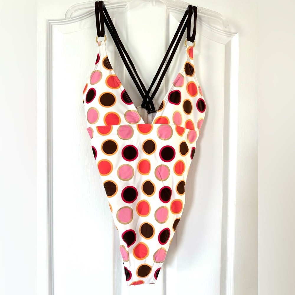 Women’s Ibiza White, Pink, Brown & Gold Polka Dot One Piece Swimsuit Size 12